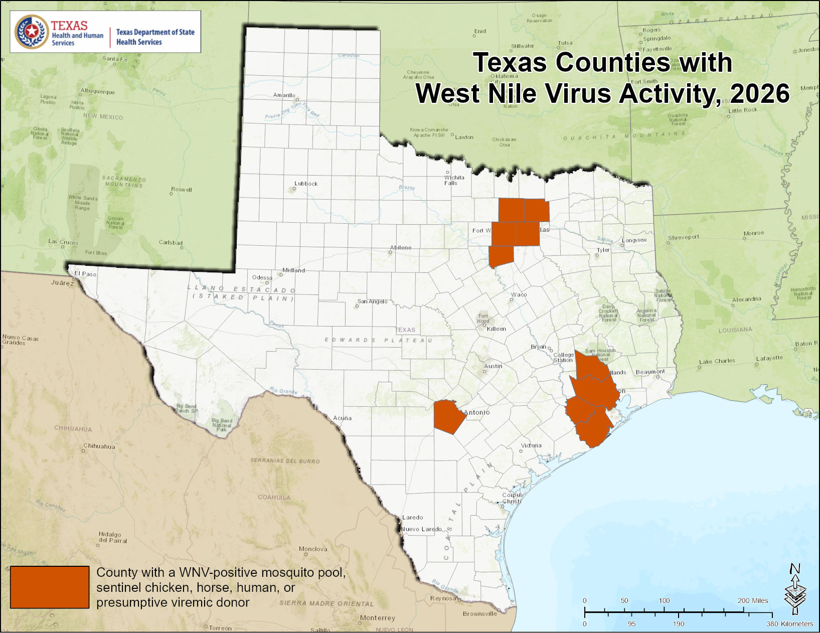 Texas DSHS map of counties with West Nile Virus activity in 2026 — including Fort Worth/Tarrant and Houston/Harris/Fort Bend counties